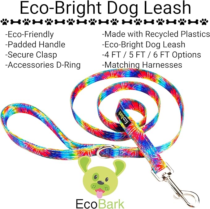 EcoBark Dog Leash - Soft & Reflective Comfort Training Leashes with Padded Handle - Strong Durable Heavy Duty - Training and Pulling for Small, Medium or Large Dogs (Tie Dye)