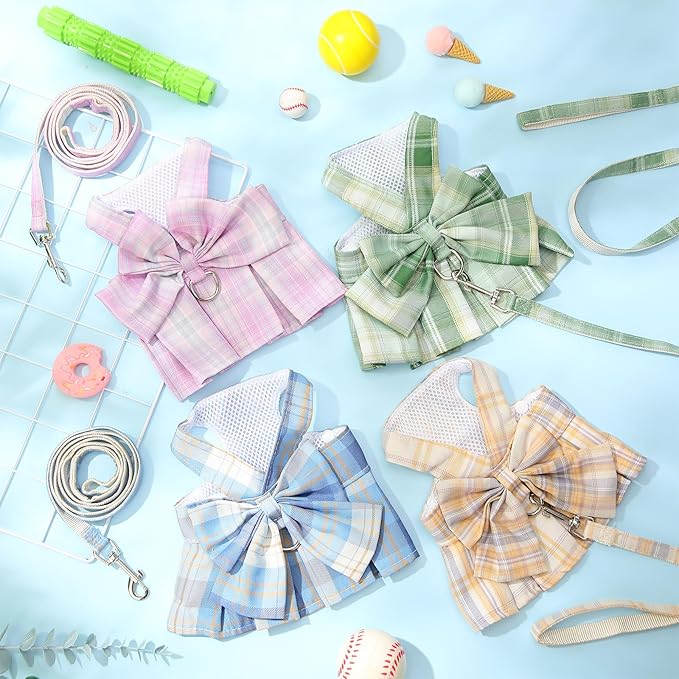 4 Pcs Cute Plaid Dog Dress Set with Bow Tie Harness & Leash for Small Dogs, Puppy Clothes for Girls Summer Outfits(L,Light Color)