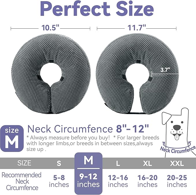 Soft Inflatable Dog Cone Collar for Small Medium Large Dogs - Neck Donut E Collar Alternative for Recovery After Surgery - Grey M