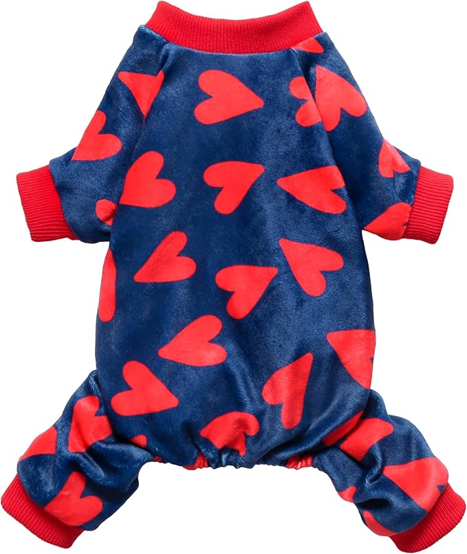 Fitwarm Valentines Day Sweet Hearts Dog Pajamas, Dog Winter Clothes for Small Dogs Girl Boy, Lightweight Velvet Pet Jumpsuit, Cat Onesie, Dark Blue, Red, XS