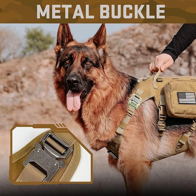 Forestpaw Tactical Dog Harness for Large Dogs,Tactical Dog Collar with Bungee Leash Set,No Pull Military Dog Harness for Walking Training,Adjustable for Medium Large Dogs,Khaki,Chest 15.5-25.5"