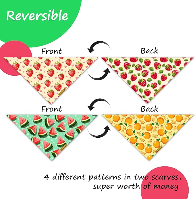 New Summer Fruit Dog Bandanas 2 Pack 4 Pattern Reversible, Holiday Bandana for Boy and Girl, Premium Durable Fabric, Party Triangle Scarf for Medium to Large Breed Dogs (X-Large)