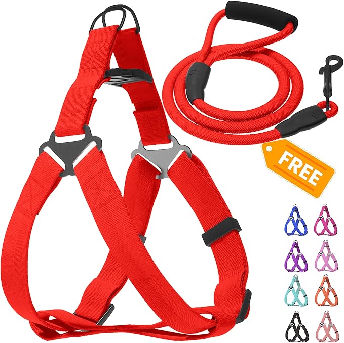Step in No Pull Dog Harness, Free Upgrade Ultra Durable Dog Rope Leash Harness Nylon (2-in-1) Non-Slip Adjustable, Easy Control Handle, Strong Metal, Vest Harness for Large Dog - Red L