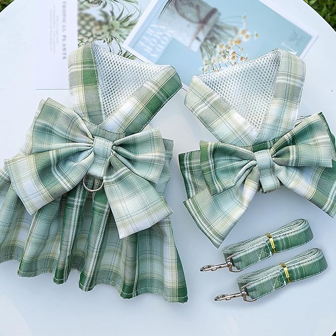 Dog Harness and Leash Set, Cute Bow Tie Plaid Harnesses for Puppy Cat, Adjustable Pet Kitties Vest, Breathable Harness Traction Rope for Boy Girl Small Animal(Harness Green,2XL for 15.4-22lbs Dog)