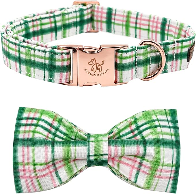 Elegant Little Tail Dog Collar with Bow - Pink with Green Plaid, Cute Bowtie, Adjustable for Medium Dogs
