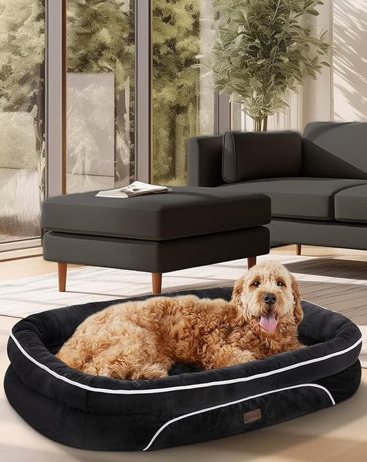 OhGeni Orthopedic Big Dog Couch X-Large Sized Pet Beds for Fathers Gifts with Comfort Foam Support, Soft Indestructible Fabric, Machine Washable Waterproof Removable Cover, 42-Inch (Black)