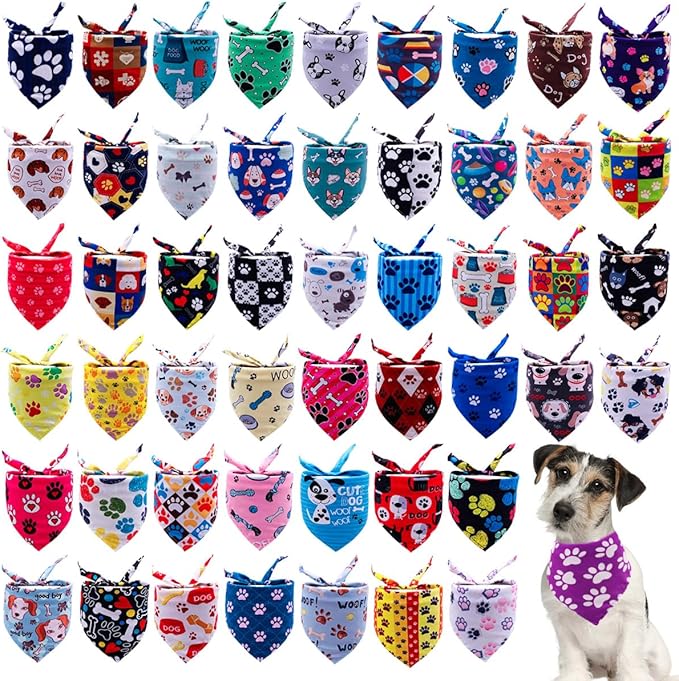 100PCS Small Dogs Bandanas Bulk Pet Summer Bandanas Paw Bone Pack Cat Kerchief Washable Triangle Bibs Head Scarves Scarfs Random Patterns for Boys and Girls Medium Puppies Grooming Accessories
