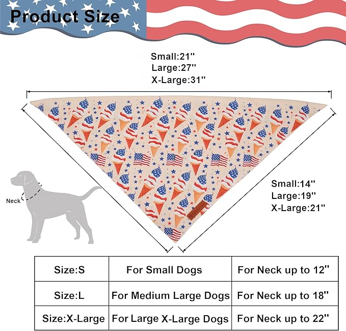ADOGGYGO American Flag Dog Bandana, Ice Cream Hamburg Flag Pet Scarf, Premium Durable Fabric, Patriotic 4th of July Bandanas for Extra Large Dogs Pets (X-Large)