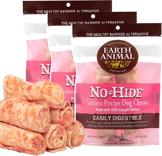 Earth Animal No Hide Small Long Lasting Dog Chew Rolls, Salmon, 2 Count Pack of 3