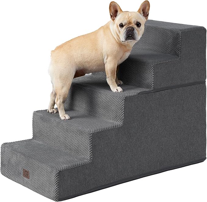 EHEYCIGA Dog Stairs for High Bed 25”H, 5-Step Extra Wide Dog Steps for Bed, Pet Steps for Small Dogs and Cats, Non-Slip Balanced Pet Ramp, Grey