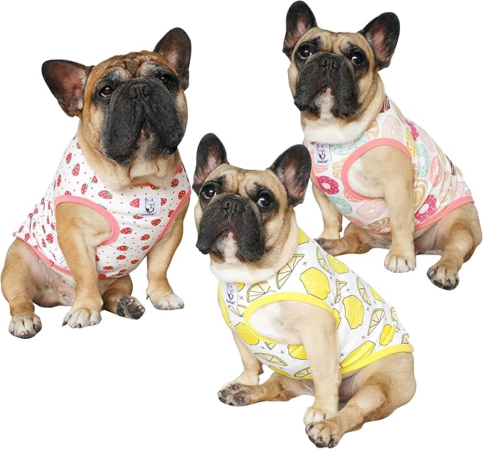 iChoue 3pcs French Bulldog Fruits Pattern Shirts 100% Breathable Cotton Tank Tops Vests Clothes for Frenchie Dogs, Strawberry Donuts Lemon, Large