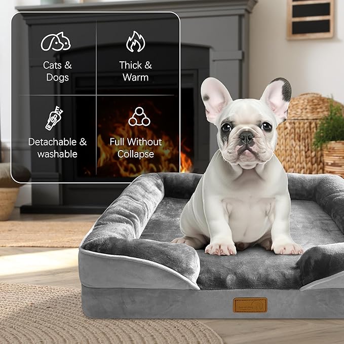 Orthopedic Dog Bed with Sides - Dog Sofa Beds for Medium Dogs, Supportive Foam Pet Couch Bed with Washable Removable Cover, Waterproof Lining and Non-Slip Bottom, Grey - M