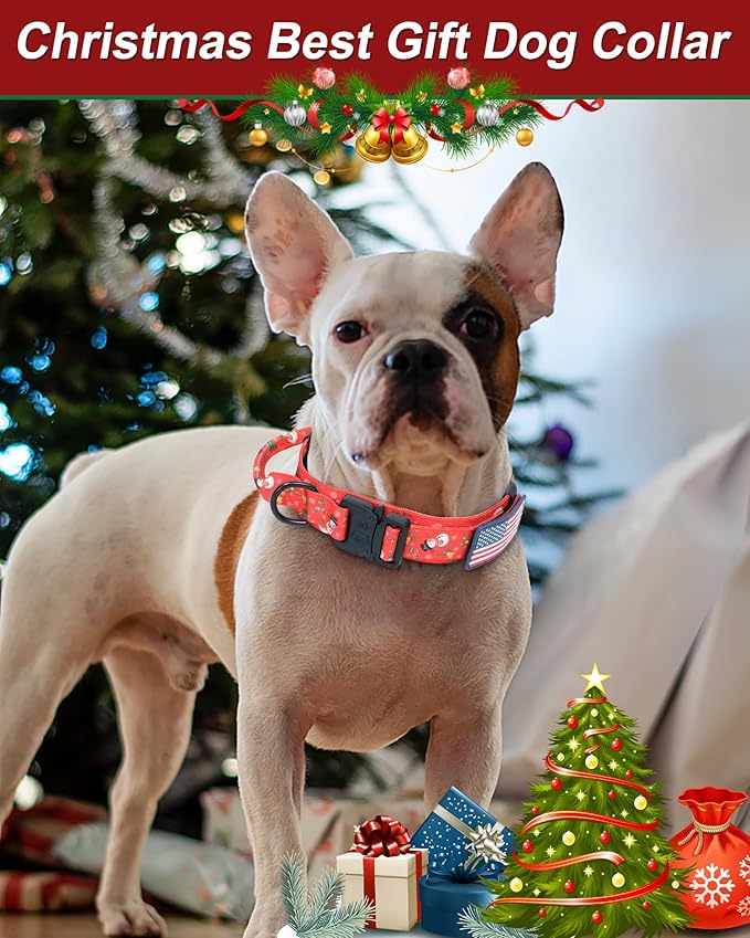 Hotsky Christmas Tactical Dog Collar, Adjustable Military Training Xmas Collar with Handle and Have Duty Metal Buckle for Medium Large Dogs, with Airtag Holder and 2 Patches(Christmas Red,M)