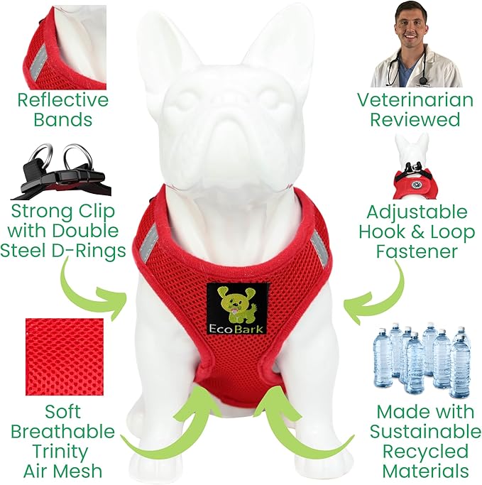 EcoBark Step in Dog Harness - Eco-Friendly Small Dog Harnesses for Small & Medium Breed Dogs - Reflective and Adjustable Body Halter Vest - Soft Mesh Harness (Red, Medium)