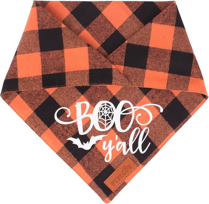 PTDECOR Dog Halloween Bandanas, Classic Orange Purple Plaid Pet Bandana, Multi Size, Triangle Halloween Bandanas for Small Dogs Pets (Small)