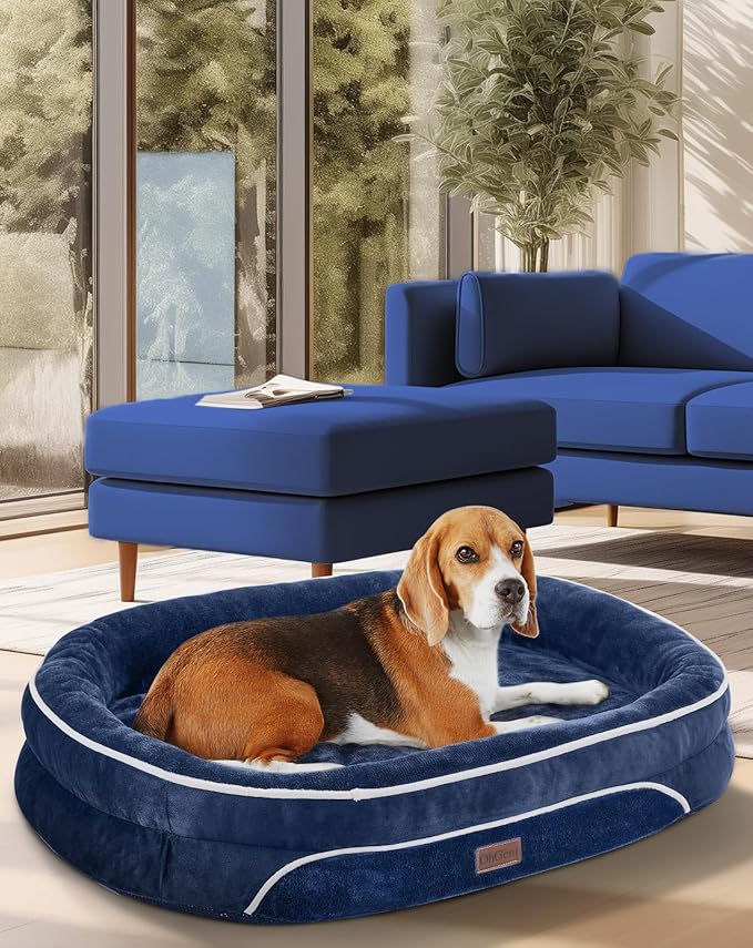OhGeni Orthopedic Dog Couch Large Sized Pet Beds for Fathers Gifts with Comfort Foam Support, Soft Indestructible Fabric, Machine Washable Waterproof Removable Cover, 35-Inch (Dark Blue)