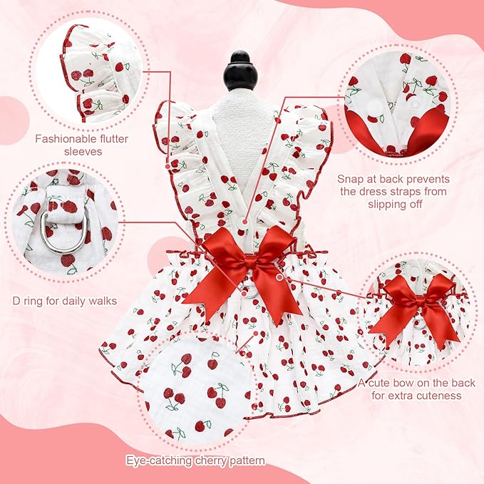 CuteBone Cotton Dog Dress Cherry with Leash Ring & Sleeve Ruffles, Soft & Breathable, Stylish Pet Clothes Outfit for Small Dogs, Comfortable & Easy to Wear CFX01M