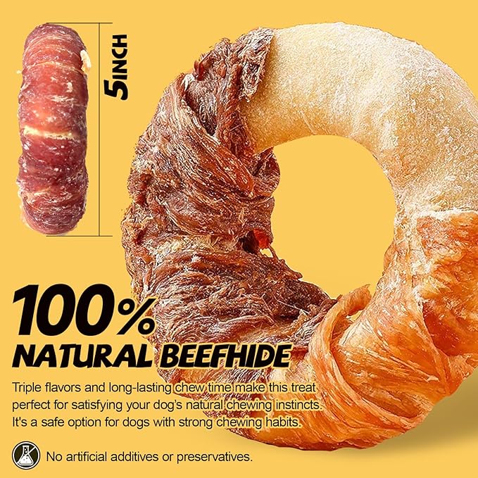 ASMPET Dog Chews Long Lasting, Duck Chicken Wrapped Rawhide Donuts Grain Free Rawhide Bones Teeth Cleaning for Small Medium Large Breed Aggressive Chewer (Pack of 4)