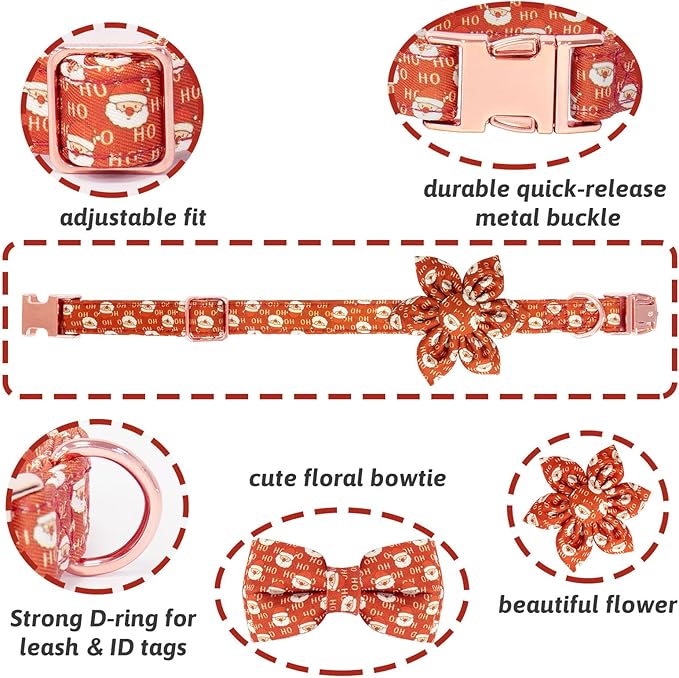 Dog Collar and Leash Set Girls Adjustable Puppy Collars with Christmas Bow Tie for Small Medium Large Female Dogs, Red Santa Claus, L