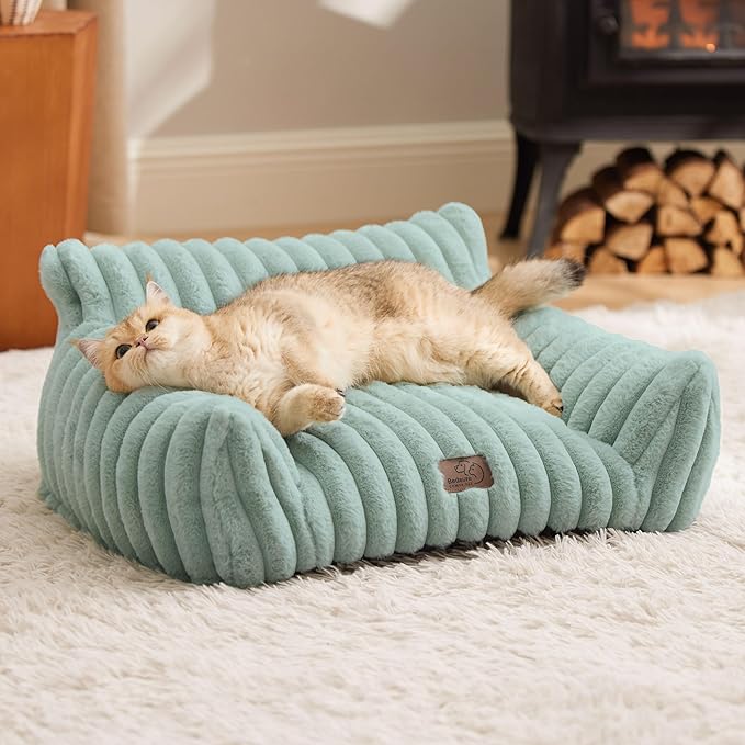 Bedsure Cute Cat Couch for Pets - Fluffy Cat Sofa with Premium Soft Corduroy Fleece, Fuzzy Cat Couch Bed with Removable Washable Cover, Supportive Cat Chair for Indoor Cats, 24inch, Garden Green