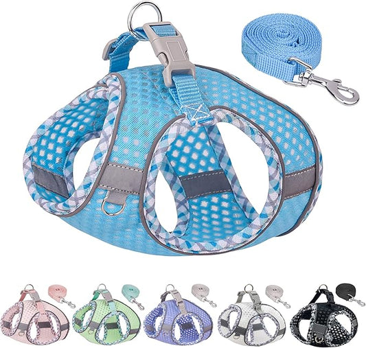 Soft Dog Harness and Leash Set for Walking, Summer Step in Vest Harness, Reflective Bands, Ultra Thin Breathable Pet Supplies, for Extra Small Dogs and House Cats Blue XS