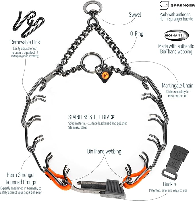 Herm Sprenger Black Stainless Steel Dog Collar with Quick Release ClicLock Buckle and Biothane Insert Training Collar Made in Germany (Hunter Orange, 16in x 2.25mm(Neck Size up to 13-14in))