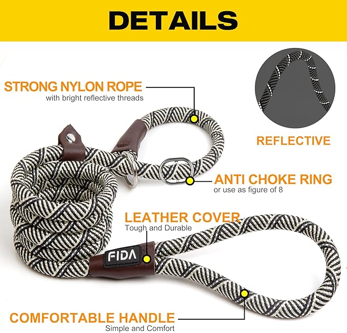 Fida Durable Slip Lead, 6 FT x 1/2" Heavy Duty Dog Loop, Comfortable Strong Rope Leash for Large, Medium Dogs, No Pull Pet Training Leash with Highly Reflective, Grey