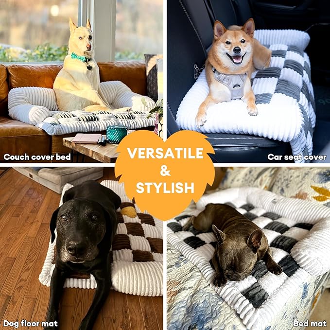 FUNNY FUZZY Pet Couch Covers for Sofa, Dog Couch Cover Bed Washable Plush Pets Mat for Furniture Protector Cream Square Plaid Cozy Sofa Pad for Cats, Medium, Black