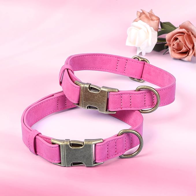 Soft Leather Dog Collar for Small Medium Large Dogs, Heavy Duty Dog Collar Leather with Quick Release Metal Buckle, Durable & Adjustable for Large Dogs Walking (Hot Pink, L)