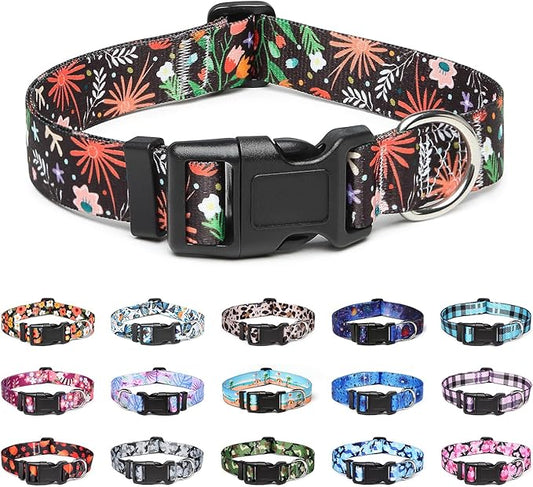 Adjustable Dog Collar with Patterns, Ultra Comfy Soft Nylon Breathable Pet Collar for Small Medium Large Dogs (M, Plants)
