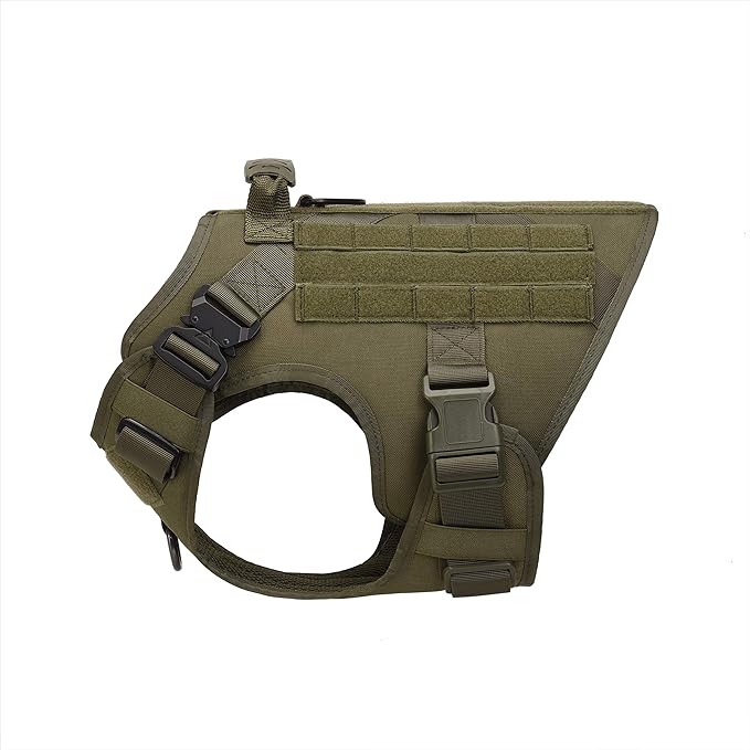 Tactical Dog Harness Vest with Handle Military Working Training Molle Vest with Metal Buckles & Loop Panels Free Bungee Dog Leash (S, Green Harness with Leash)