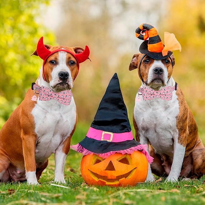 ADOGGYGO Halloween Dog Collar with Bowtie, Pink Ghost Pet Collars with Detachable Bow, Adjustable Pink Halloween Collars for Small Medium Large Dogs (Large)