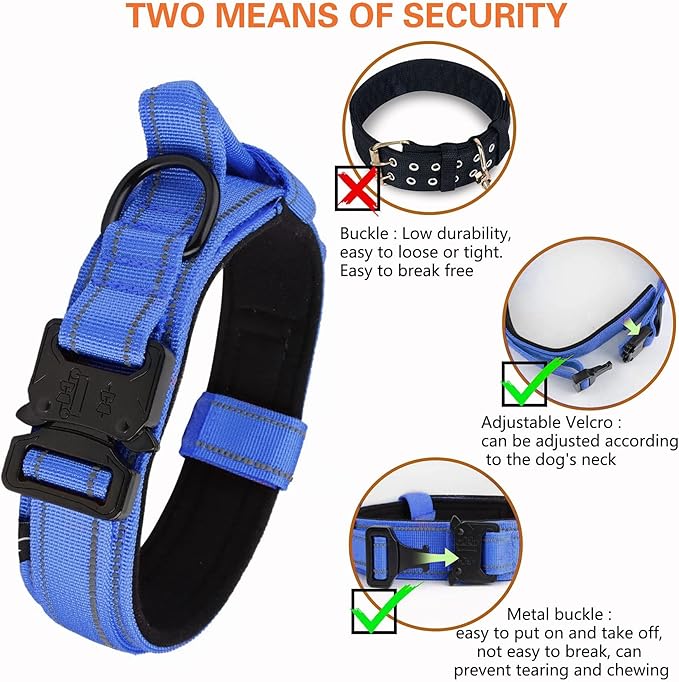 KCUCOP Tactical Dog Collar for Medium & Large Dogs - Military Nylon Heavy Duty Collar with Handle, Reflective Strip & Metal Buckle for Training, Outdoor (Dark Blue Reflective, Large)