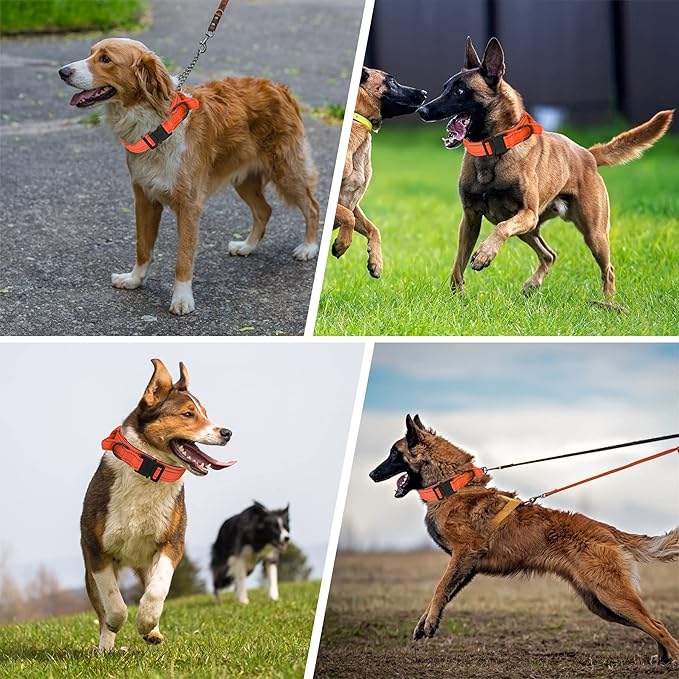 KCUCOP Tactical Dog Collar for Medium & Large Dogs - Military Nylon Heavy Duty Collar with Handle, Reflective Strip & Metal Buckle for Training, Outdoor (Orange Reflective, Large)