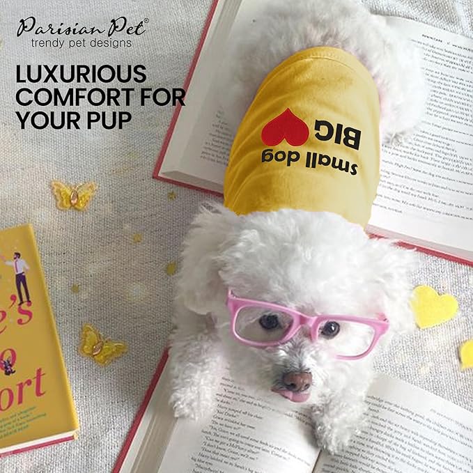 Parisian Pet Dog T-Shirt - Embroidered “Small Dog Big Heart” - 100% Cotton, Cute Dog Tank Top - Sleeveless Pet Vest - Shirts for Medium-Sized Dogs - L