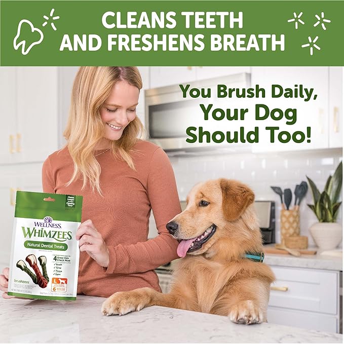 Whimzees Wellness Brushzees Dog Dental Treats, Natural Chews, Large Size Stick, (6 Count)