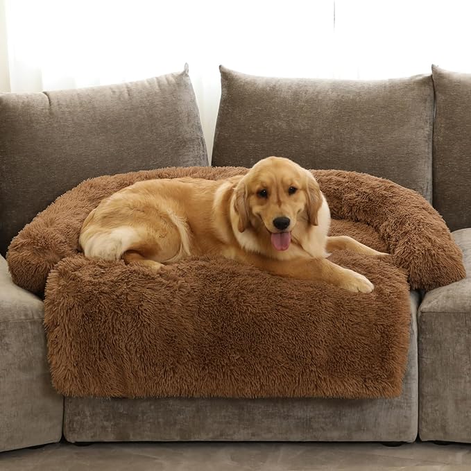 Calming Dog Bed Fluffy Plush Dog Mat for Furniture Protector with Removable Washable Cover for Large Medium Small Dogs and Cats (Extra Large (53x39.3x6), Brown)