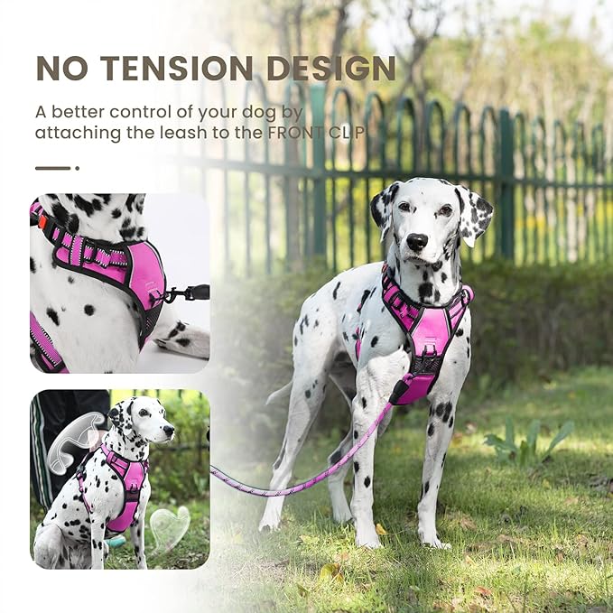 FURRYFECTION Dog Harness | No Pull Dog Harness | Reflective Oxford | Padded Handle | 4 Adjustable Straps | 2 Leash Clips | No Choke Pet Vest Harness for Small Medium Large Dogs | Rose | L