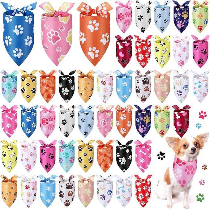 Abbylike 50 Pieces Paw Print Dog Bandanas Bulk Dog Bandanas for Pets Triangle Kerchief Bibs for Pet Cats Party Costume Accessories (25. 6 x 17. 7 x 17. 7 Inches)