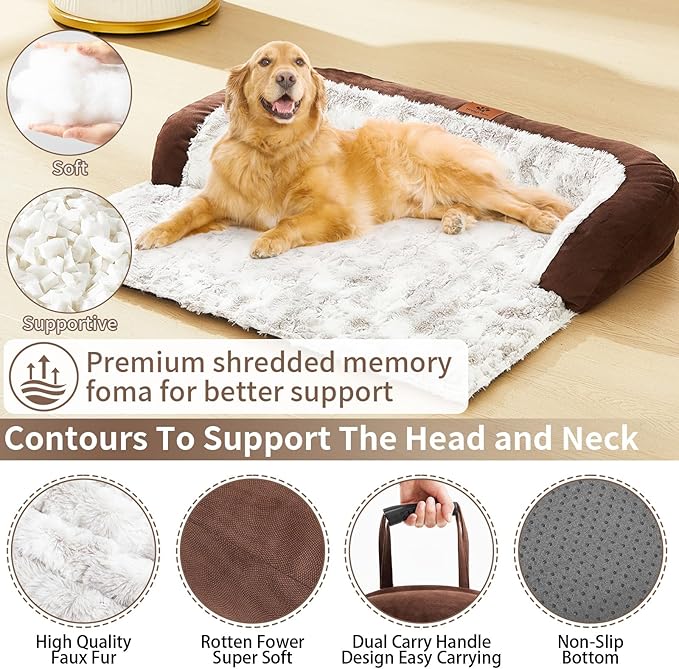 Calming Dog Couch Bed Mat, 45x37 Inch Waterproof Fluffy Sofa Cover, Furniture Protector with Handle, Removable and Washable Pet Bed for Large Dogs and Cats (Brown)