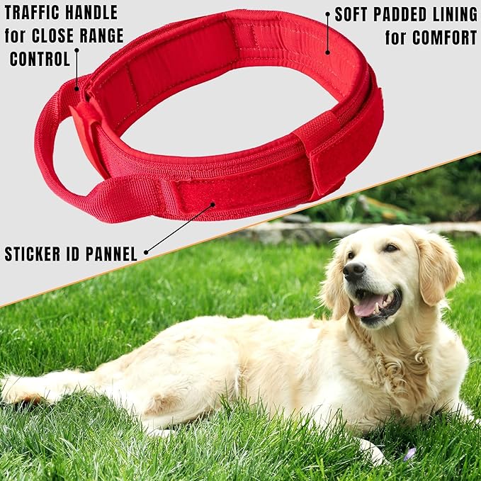 ADITYNA Tactical Dog Collar for Medium Dogs - Soft Padded, Heavy Duty, Service, Adjustable, Military, K9 Red Medium Collar with Handle for Training and Walking