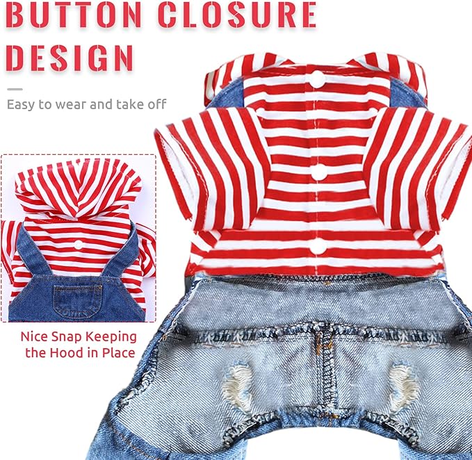 Small Dog Hoodie Clothes Cute Stripe Shirts Denim Jumpsuit One-Piece Outfit for Small Medium Dogs Cats Boy Girl Chihuahua Blue Jeans Overalls Puppy Costume (Red,L)