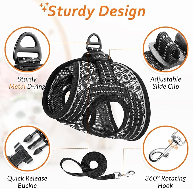 Cat Harness and Leash Escape Proof for Walking, Safe Adjustable Medium Kitten Vest Set with Reflective Strip for Kitty, Easy Control Comfortable Soft Outdoor Pet Harnesses, Black, Medium