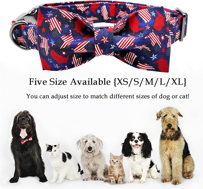 Dog Collar, 4 of July Independence Day American Flag Dog Bow Collar Boy Pet Collar Bowtie Duarble Puppy Collars for Small Medium Large Dog