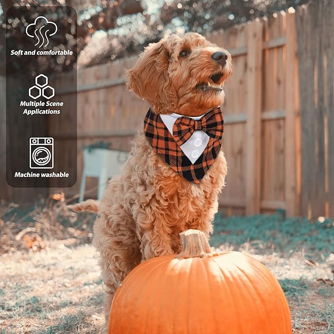 Cyeollo 2 Pack Fall Tuxedo Bandana Thanksgiving Dog Costume With Bowtie, Plaid Tux Collar Puppy Costumes Formal Outfit for Small Dogs Cats, Orange S