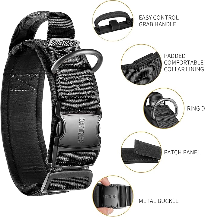 OneTigris Tough Dog Collars, Tactical Dog Collar with Handle, Milltary Adjustable Dog Collar with Heavy Duty Metal Buckle for Training (Medium (Pack of 1), Black)