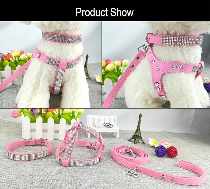 Dog Collar & Harness & Lead Sets Fashion Dog Collar Diamante with Harness & Leashes Comfortable Soft Collar Harness and Leashes Set for Dog - Pink - XS