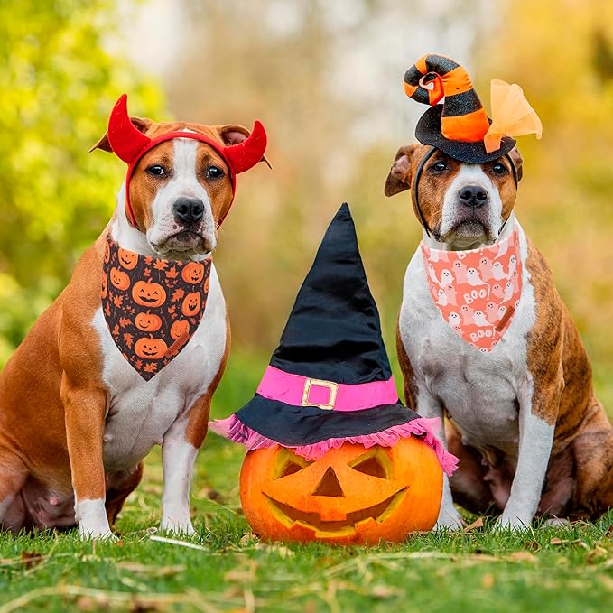 ADOGGYGO Halloween Dog Bandana, Pumpkin Ghost Pet Scarf, Orange Black Halloween Bandanas for Medium Large Dog (Large)