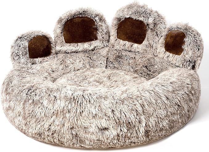 Jiupety Paw Shape Calming Pet Bed, Medium Plush Faux Fur Donut Bed for Dogs & Cats, Machine Washable, Non-Slip Bottom, Extra Large Size (32"×32"×10"), Gray