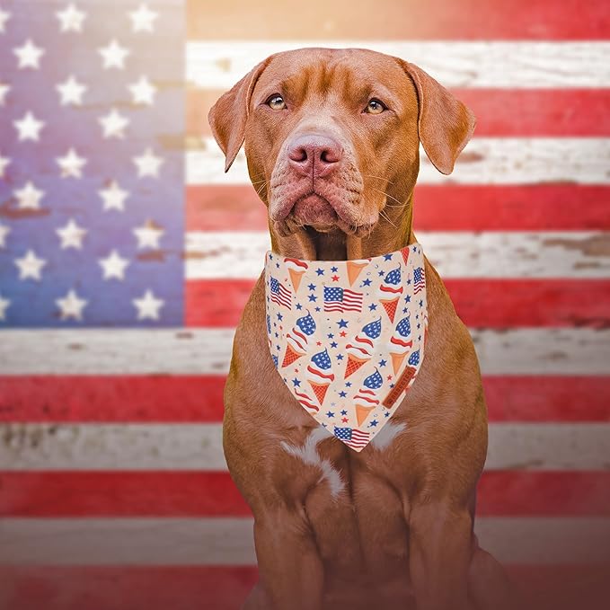ADOGGYGO American Flag Dog Bandana, Ice Cream Hamburg Flag Pet Scarf, Premium Durable Fabric, Patriotic 4th of July Bandanas for Medium Large Dogs Pets (Large)